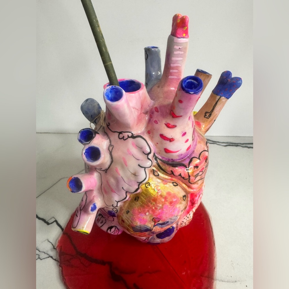 Handpainted anatomical human heart with little resin base sculpture vase